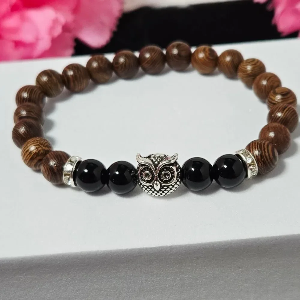 Vintage Owl Beaded Stretch Bracelet | Wood & Stone Boho Wisdom Gift Jewelry